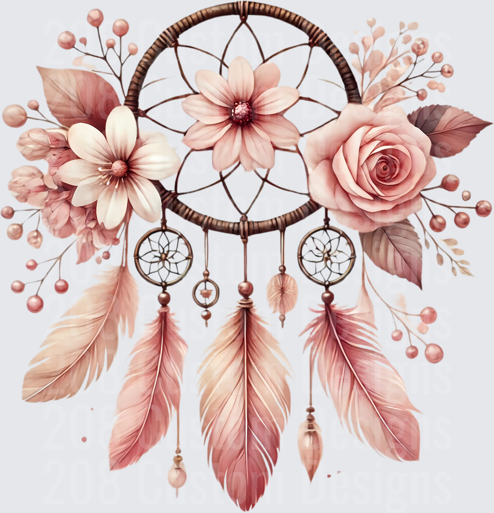 Boho Dreamcatcher with Pink Roses and Feathers