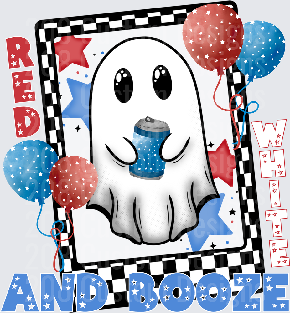 Patriotic Ghost with Red White and Blue Balloons and Soda Can