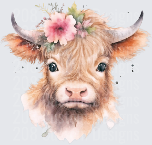 Watercolor Highland Cow with Pink Floral Crown