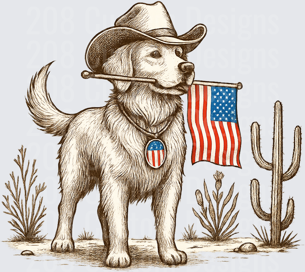 Patriotic Golden Retriever Cowboy with American Flag Desert Scene