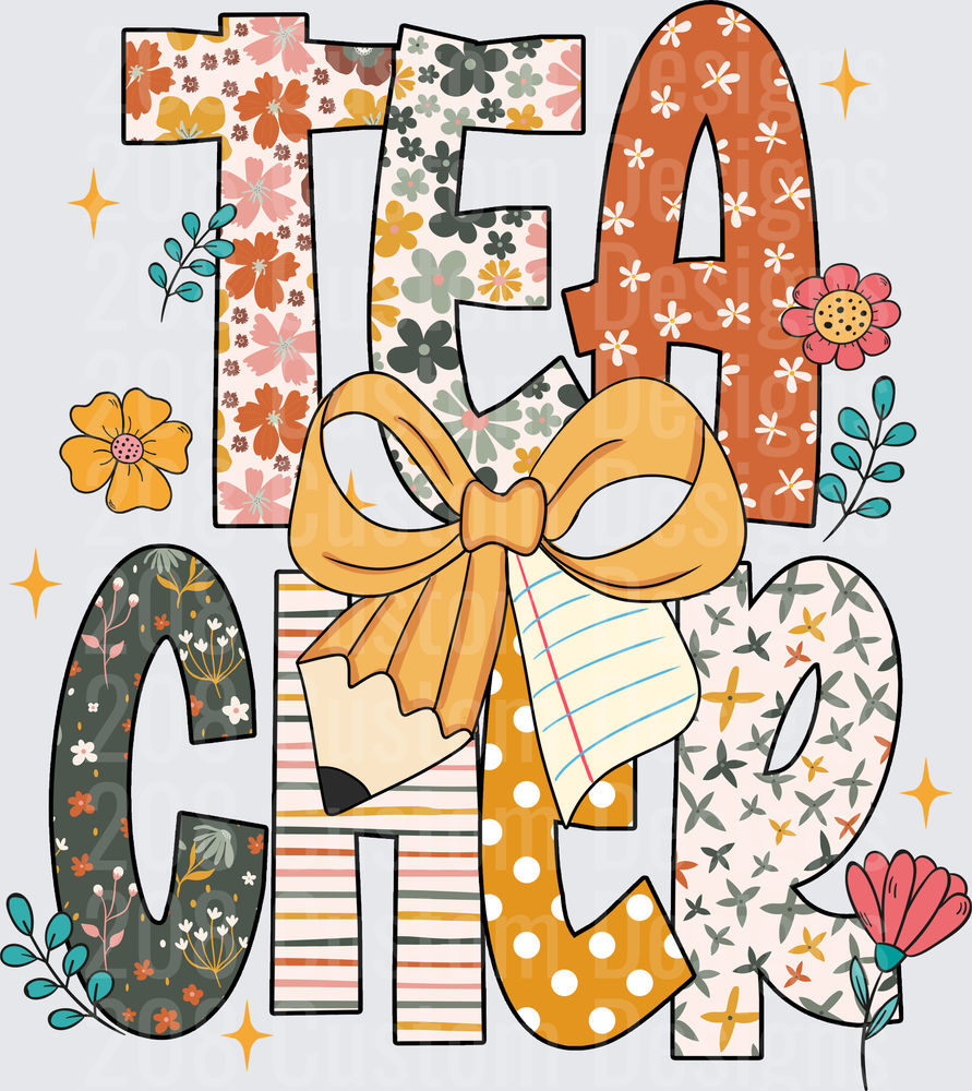 Boho Floral Patterned Teacher Letters with Pencil Bow