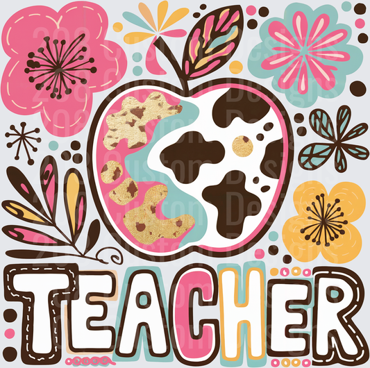 Boho Floral Cow Print Apple Teacher Word Art