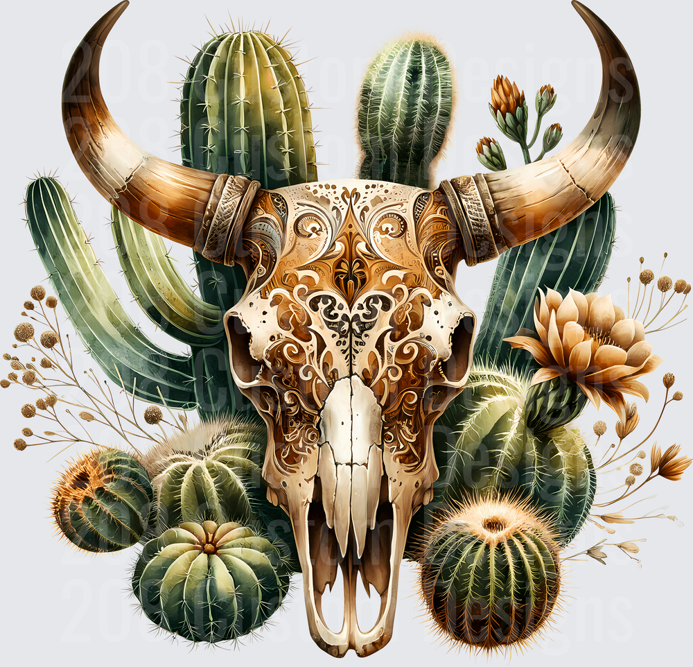 Ornate Bull Skull with Desert Cactus and Wildflowers