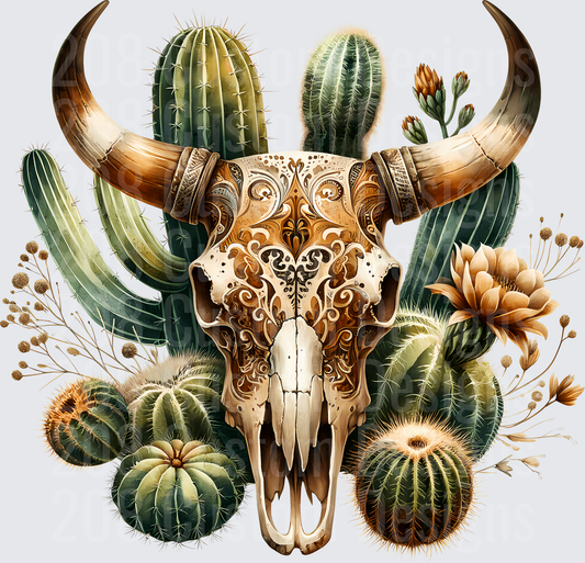 Ornate Bull Skull with Desert Cactus and Wildflowers