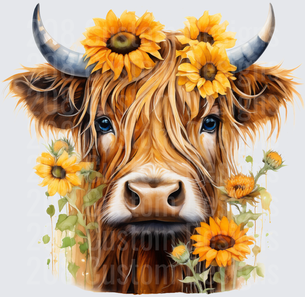 Highland Cow with Sunflower Crown and Blue Eyes