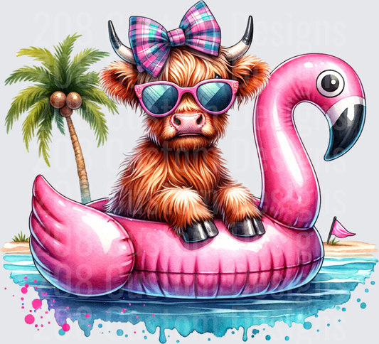 Highland Cow with Plaid Bow on Pink Flamingo Pool Float