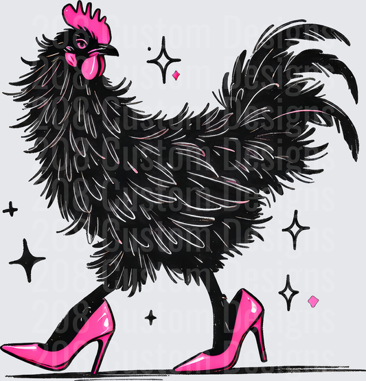 Black Silkie Chicken in Pink High Heels with Sparkles