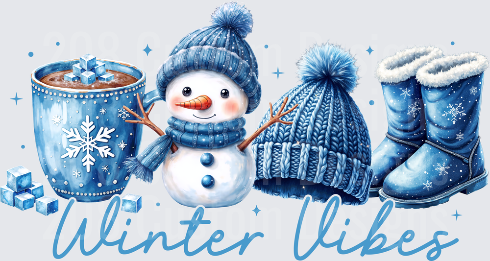 Winter Vibes Snowman with Hot Cocoa and Blue Knit Accessories