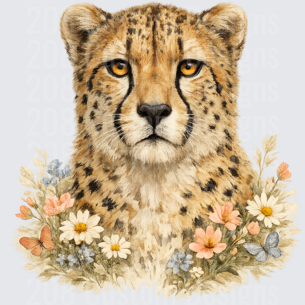Watercolor Cheetah Portrait with Wildflowers and Butterflies