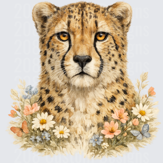 Watercolor Cheetah Portrait with Wildflowers and Butterflies