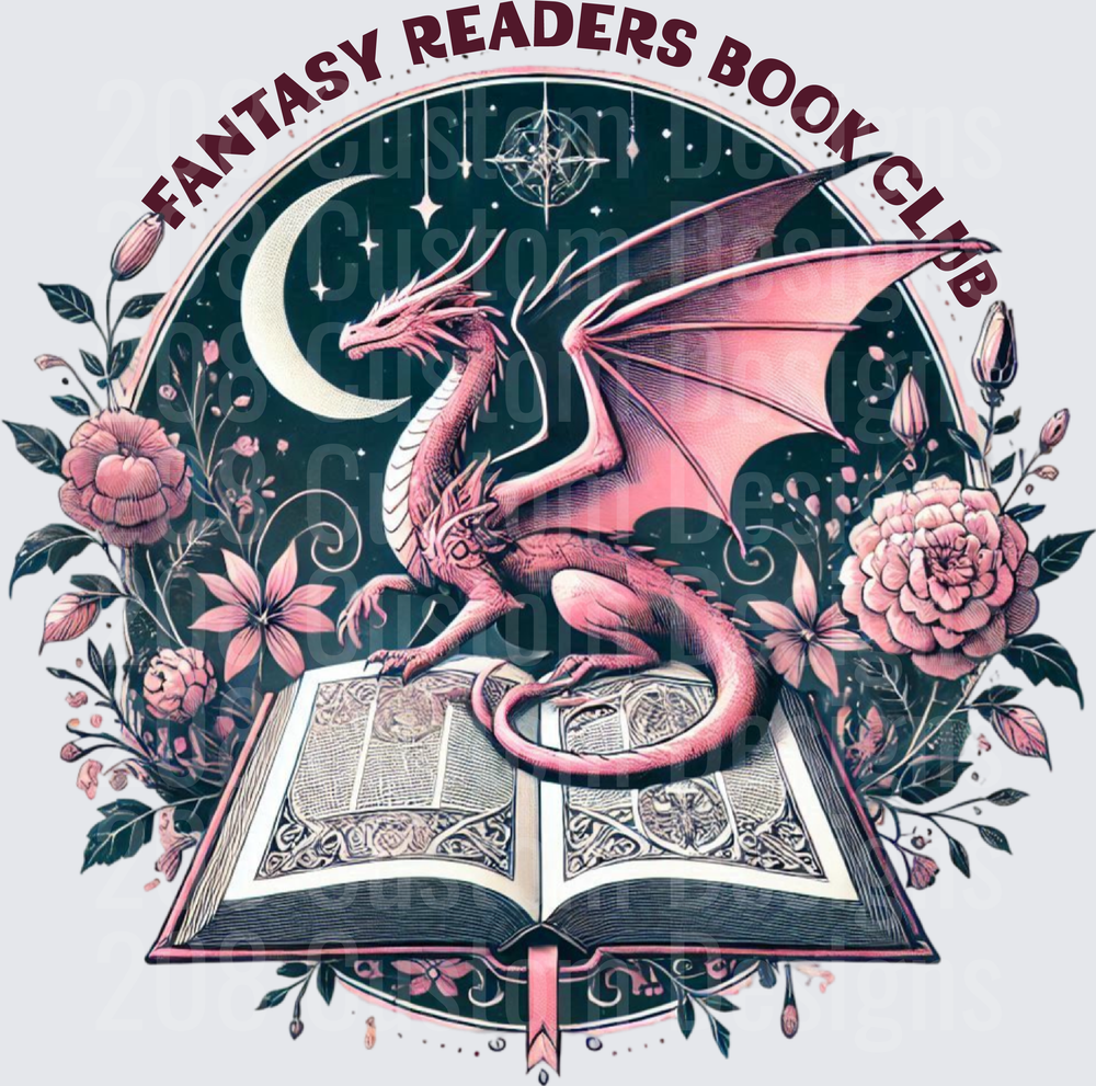 Pink Dragon with Open Book Moon Stars and Flowers Fantasy Design