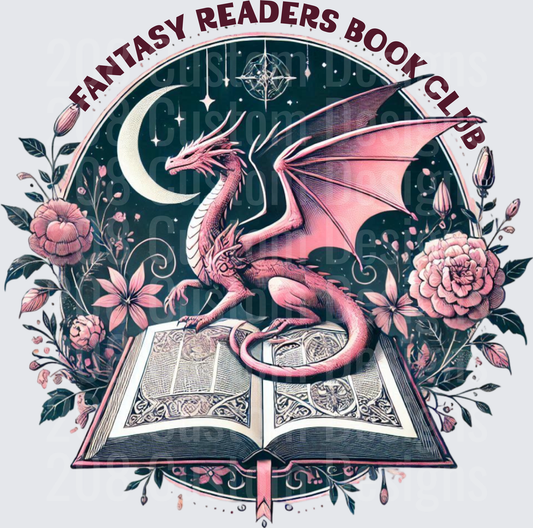 Pink Dragon with Open Book Moon Stars and Flowers Fantasy Design