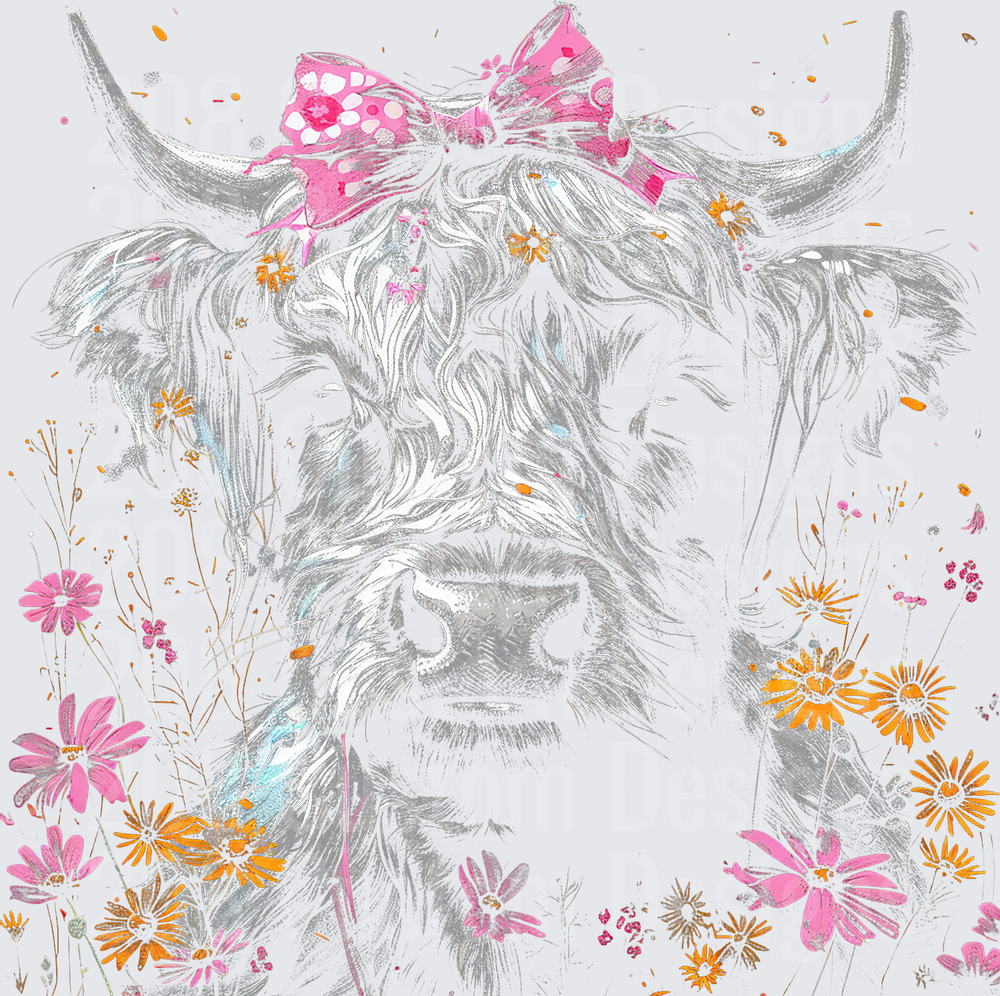 Highland Cow with Pink Polka Dot Bandana and Wildflowers