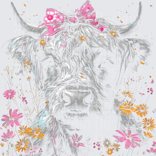 Highland Cow with Pink Polka Dot Bandana and Wildflowers