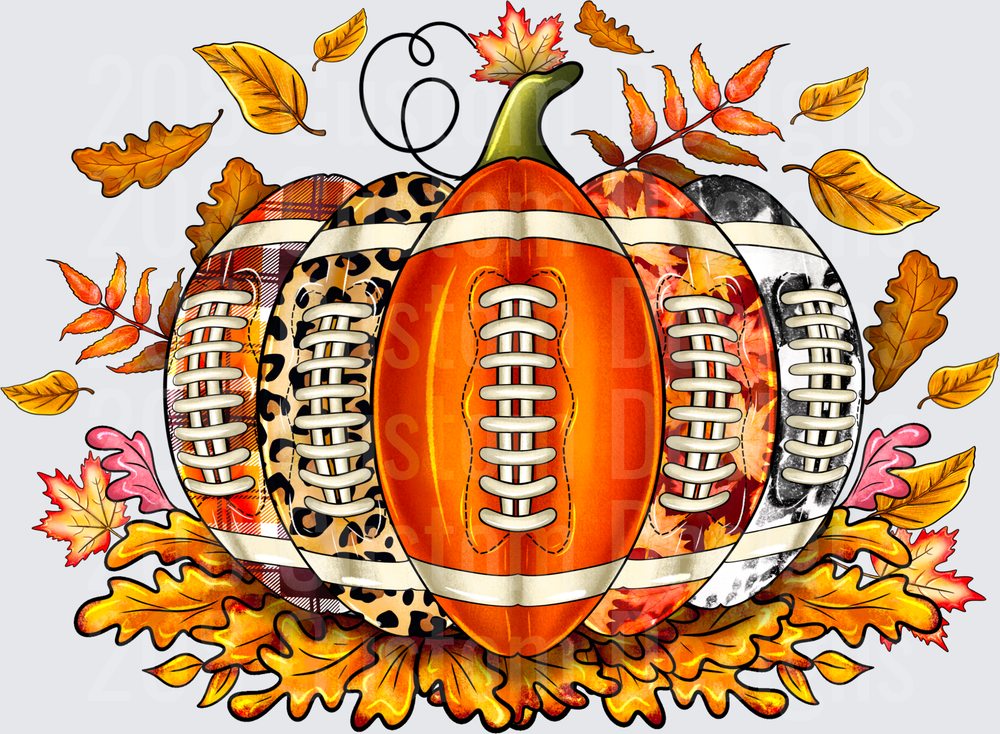 Fall Football Pumpkin Stack with Autumn Leaves