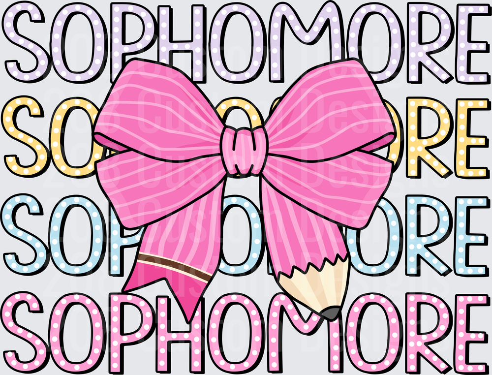 Sophomore Stacked Text Pink Bow Pencil Polka Dot Design