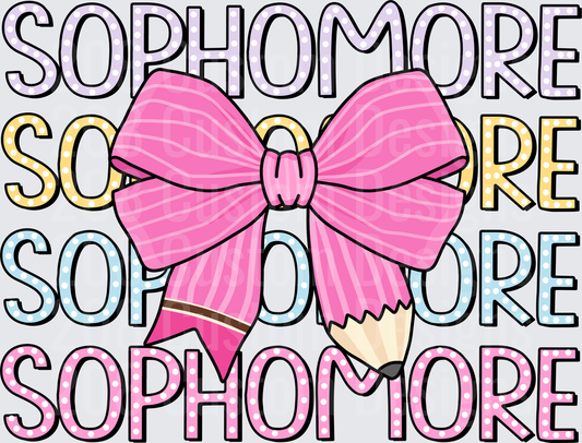 Sophomore Stacked Text Pink Bow Pencil Polka Dot Design