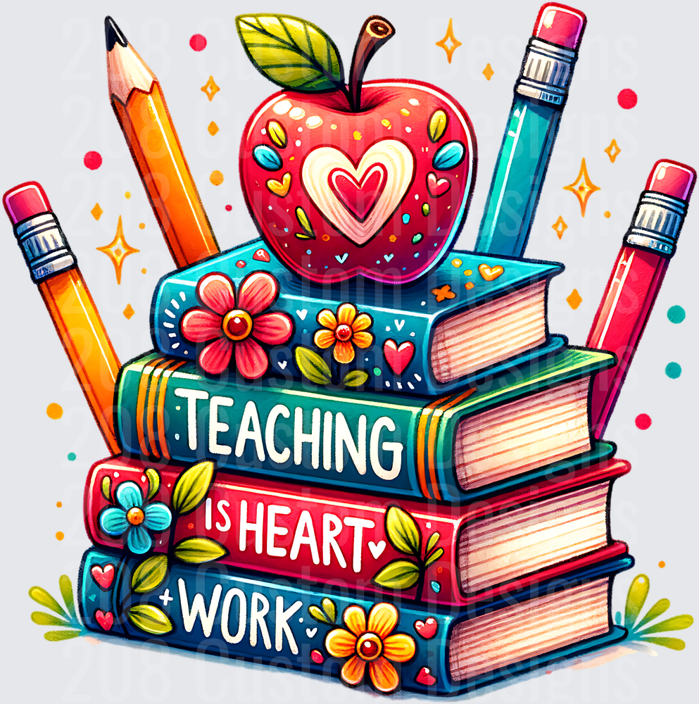 Teaching Is Heart Work Stacked Books Apple Pencils Floral