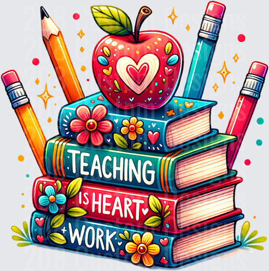 Teaching Is Heart Work Stacked Books Apple Pencils Floral