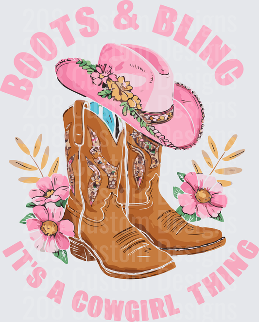 Pink Cowboy Boots and Hat with Flowers Cowgirl Design