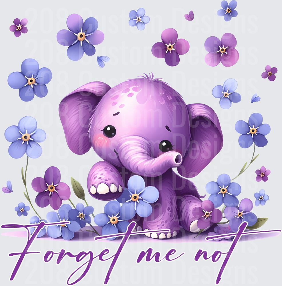Cute Purple Baby Elephant with Forget Me Not Flowers