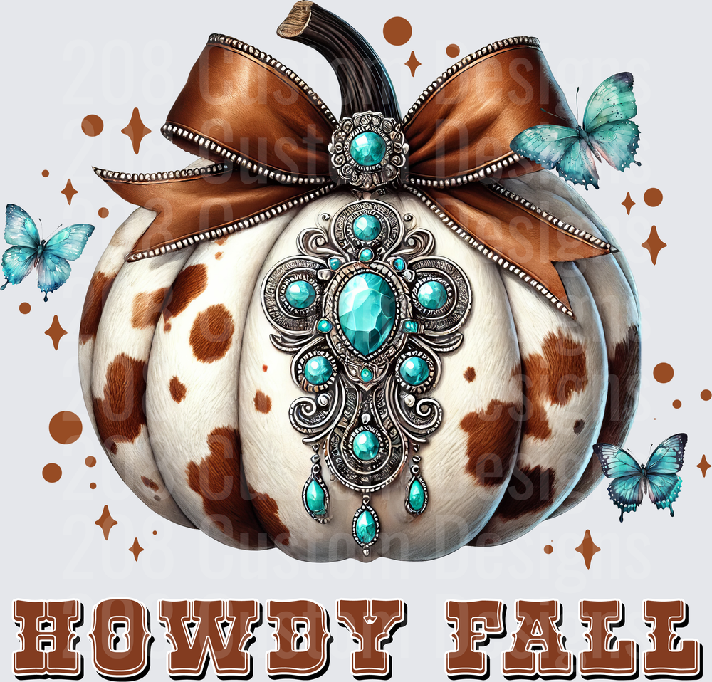Howdy Fall Cow Print Pumpkin Turquoise Cross Western Autumn