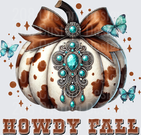 Howdy Fall Cow Print Pumpkin Turquoise Cross Western Autumn