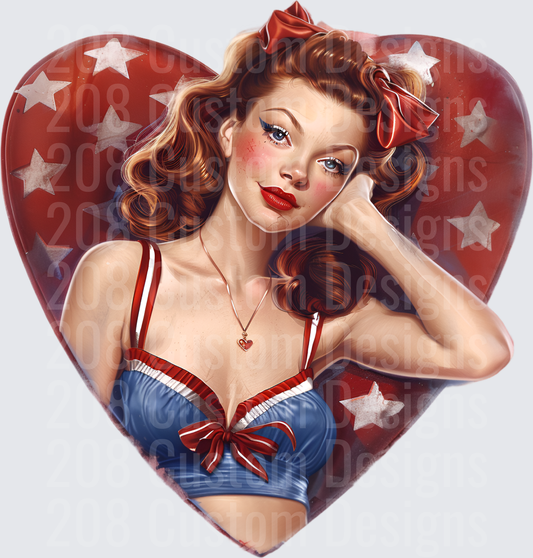 Vintage Pin-Up Girl in Patriotic Bikini Heart Frame