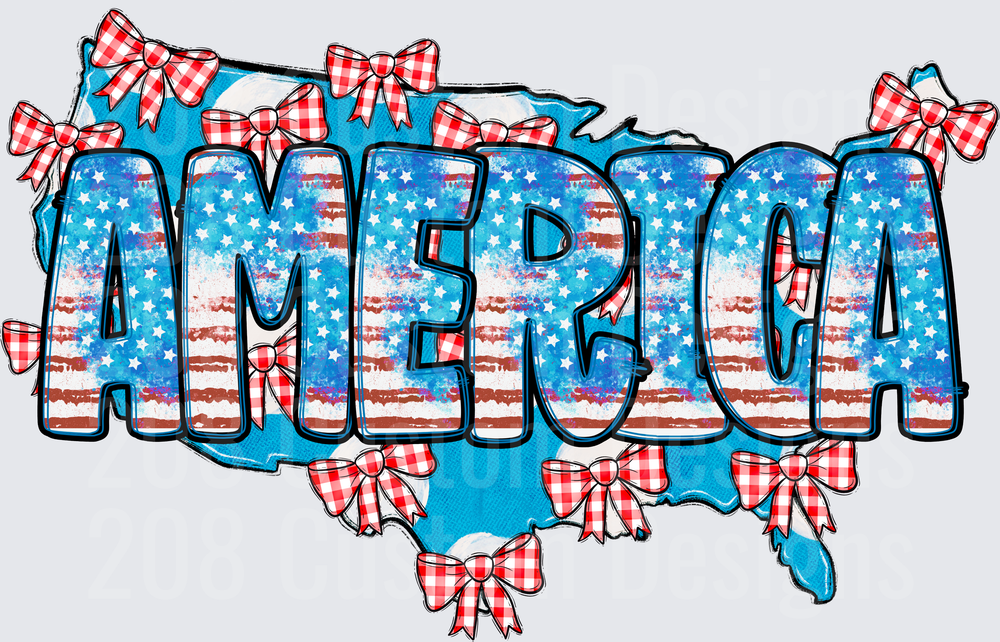 AMERICA Text with Red Gingham Bows and Flag Pattern