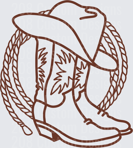 Cowboy Hat and Boots with Rope Circle Line Art Design