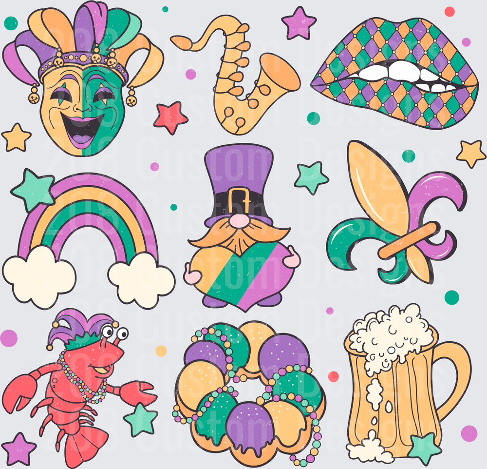 Mardi Gras Celebration Icons with Masks Beads Rainbow and Crawfish