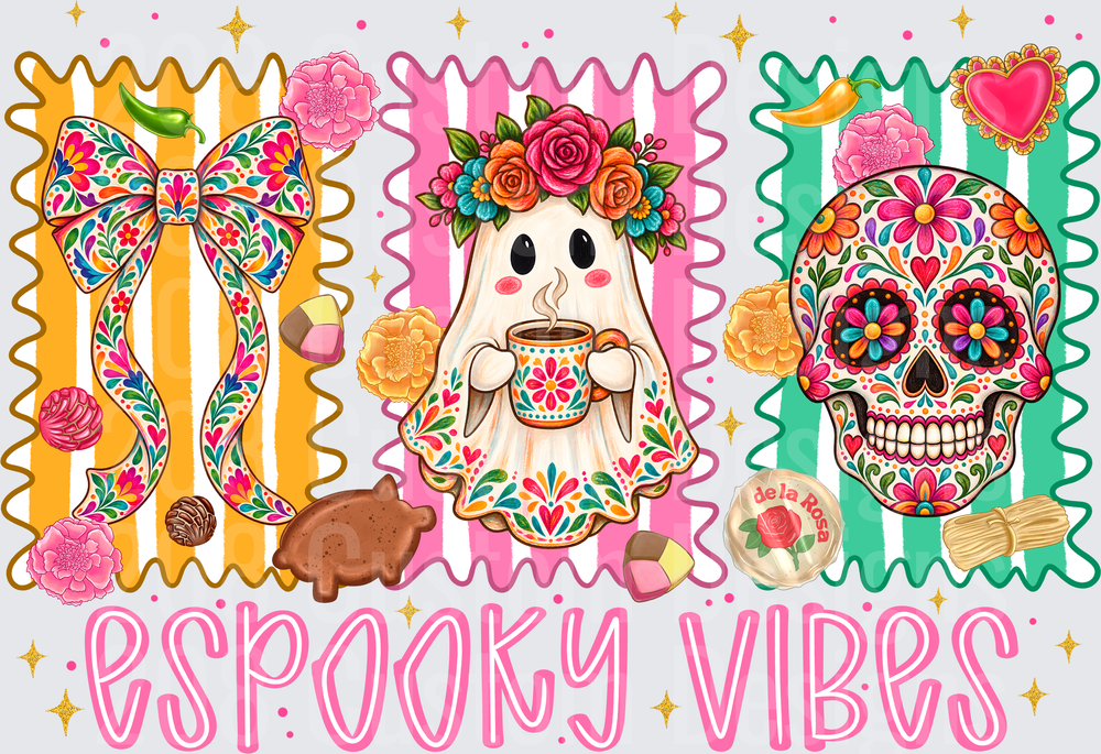 Espooky Vibes Floral Mexican Ghost Sugar Skull Otomi Bow