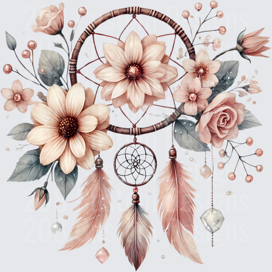Boho Dreamcatcher with Blush Pink Flowers and Feathers