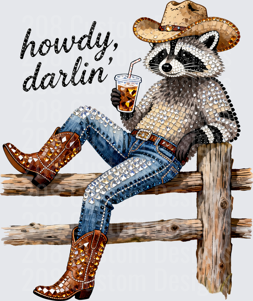 Howdy Darlin Cowboy Raccoon with Rhinestone Bling Design