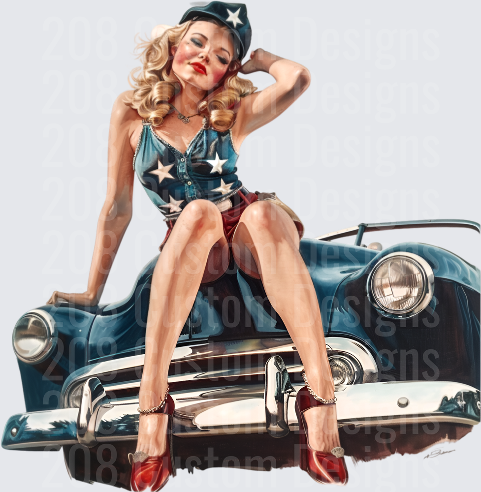 Vintage Pin-Up Girl with Classic Blue Car and Military Cap