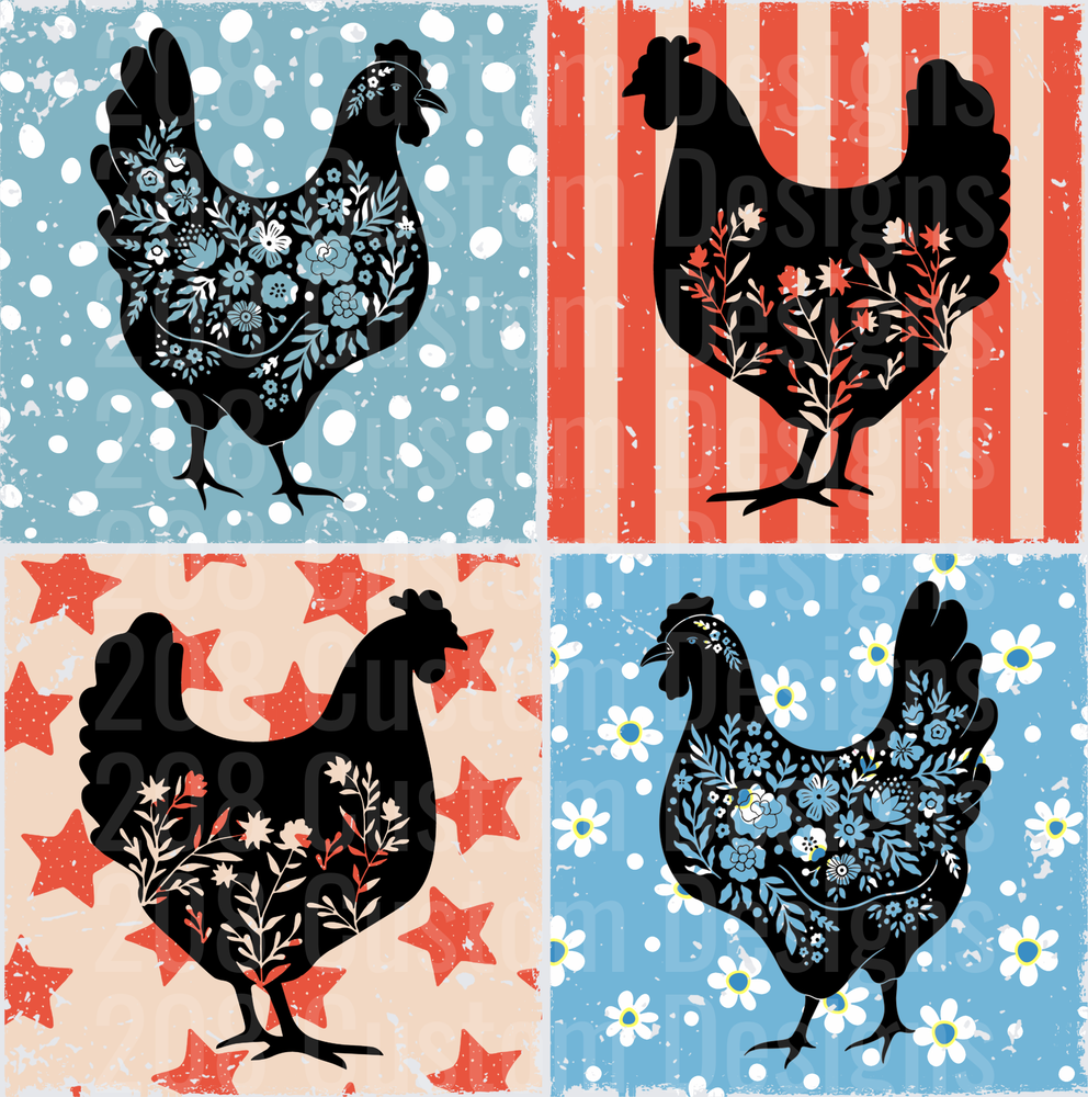Patriotic Folk Art Floral Chickens American Flag Stars Design